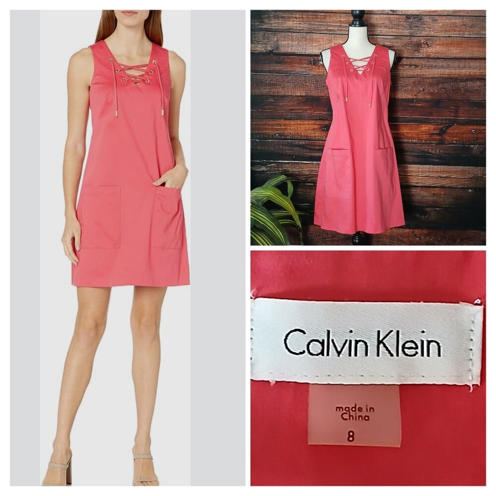 Calvin Klein Dress 8 Sheath Lace Up Watermelon Zip Back Stretch Pockets